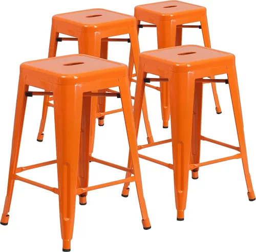 Vista 20 de Taburete de 24 pulgadas de alto para interior y exterior con asiento cuadrado., Metal, Negro