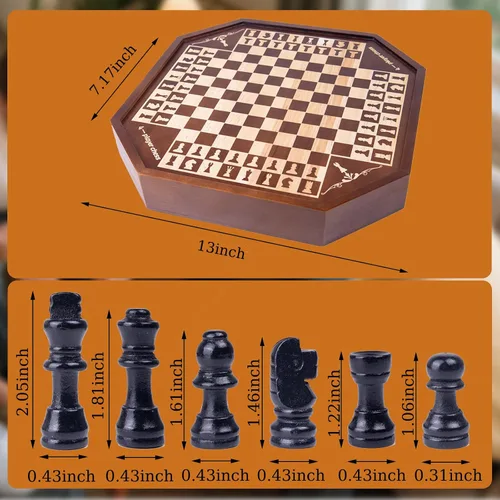Vista 2 de Juego de mesa de ajedrez de madera para 3 o 4 jugadores, juego de ajedrez, juego IQ, un tablero de ajedrez con posiciones marcadas de piezas