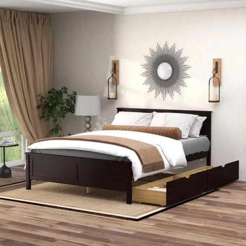 Vista 12 de GOFLAME - Base de cama tamaño individual con 2 cajones, base de plataforma con cabecera y estribo de madera maciza, listones de madera para soporte