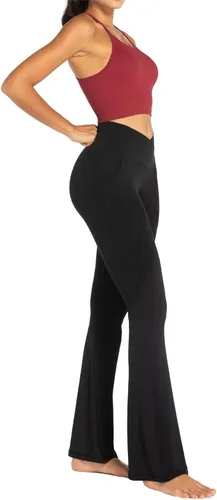Vista 7 de Sunzel Leggings acampanados para mujer con bolsillos, pantalones de yoga cruzados con control de abdomen, cintura alta y pierna ancha