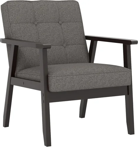 Vista 16 de Silla decorativa moderna con reposabrazos, silla de ocio tapizada de tela de lino con botón de respaldo y marco de madera para sala de estar, Beige