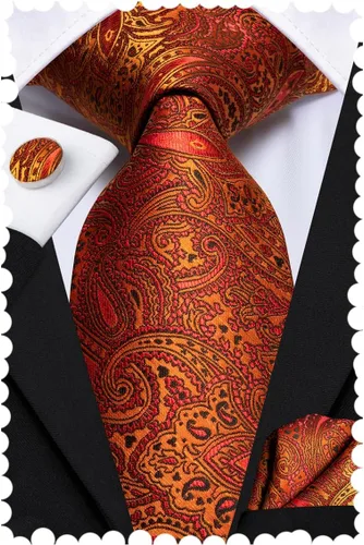 Vista 31 de Hi-Tie Conjunto de corbatas de seda con estampado paisley para hombre, pañuelo de bolsillo y gemelos, conjuntos de corbata formal para negocios a