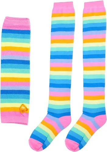 Vista 4 de YELAIVP Conjunto de calcetines altos hasta el muslo de arco iris por encima de la rodilla, accesorios de cosplay, calentadores de piernas para niñas