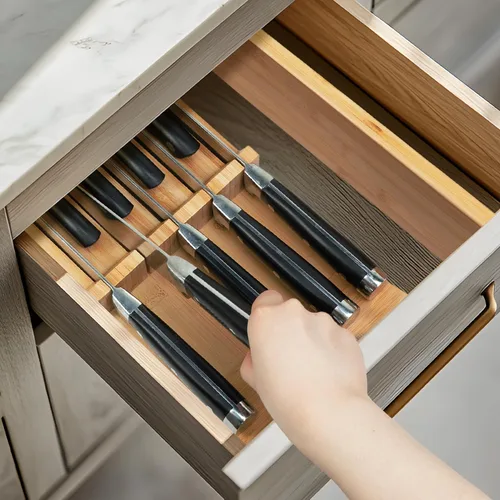 Vista 2 de Utoplike Organizador de cajón para cuchillos Bloque de cuchillos de bambú para cocina, Soporte para bistecs de mango grande, Apto para 9 cuchillos