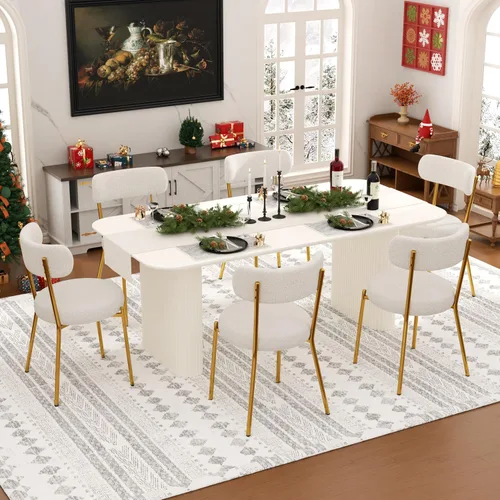Vista 16 de Juego de mesa de comedor ovalada negra moderna de 70.9 pulgadas para 4, mesa de cocina rectangular estilo crema con sillas negras Boucle, juego