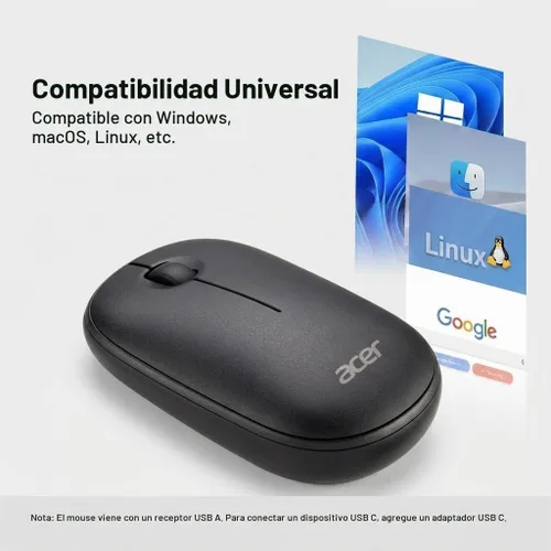 Vista 3 de Acer Ratón de computadora inalámbrico, ratones USB delgados de 2.4G con receptor USB-A, óptico de 1600 DPI, ratón para portátil con conexión plug