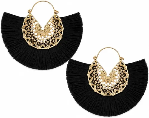 Vista 29 de Aretes de aro con borla, aretes colgantes de hilo de declaración, elegantes aretes largos con flecos, ligeros, largos y con gancho francés, para un