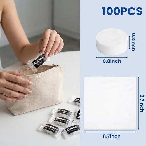 Vista 2 de BigOtters 100 toallas comprimidas, toallas faciales desechables para suministros de limpieza de viajes, toallitas expandibles