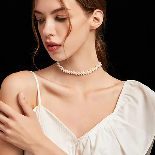 Vista 2 de Cowlyn Pearl Necklace Cultured Baroque Strands Short Dainty Choker Tiny Chain Delicate Handmade Vintage Christmas Valentine Gift Jewelry Women Girls
