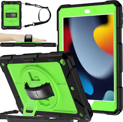 Vista 19 de BMOUO Funda para iPad de 9ª/8ª/7ª generación de 10.2", a prueba de golpes con soporte giratorio de 360°, correa de hombro y mano, funda para iPad