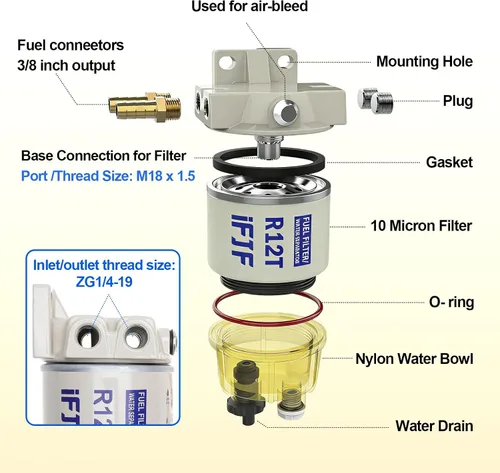 Vista 7 de iFJF Separador de agua y combustible R12T Marine 120AT NPT ZG1/4-19 Piezas automotrices con accesorio - Filtro combinado completo para motor diesel