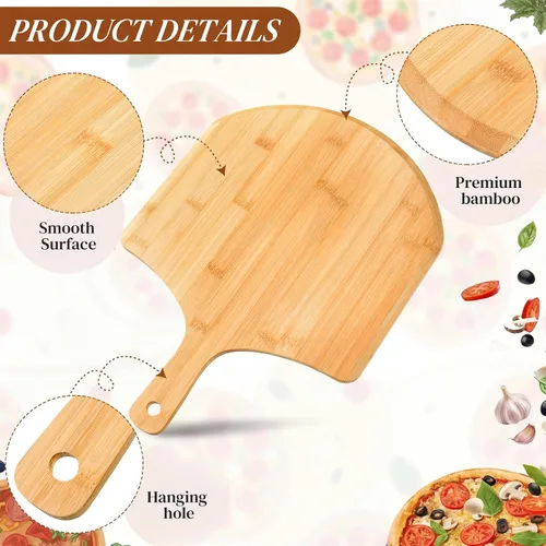 Vista 2 de Gerrii 9 piezas de madera para pizza de 15.75 pulgadas, tabla de cortar de bambú para tarta, espátula de paleta con mango para hornear, horno