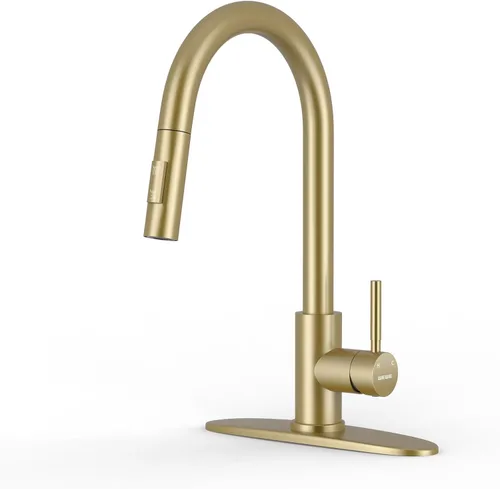 Vista 18 de WEWE Grifo de cocina de acero inoxidable de 14.5 pulgadas de alto con rociador extraíble, grifo de fregadero giratorio de 360° de níquel cepillado