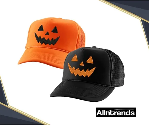 Vista 7 de Gorra de camionero de calabaza, gorra de Halloween con diseño de terror sonriente, gorra de malla bordada