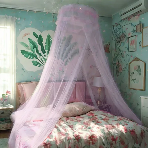 Vista 9 de Dosel de Cama de Encaje Mosquitera con Luces Cálidas, Dosel de Cama de Princesa para Decoración de Habitación de Niñas, Azul/Una Entrada Luces