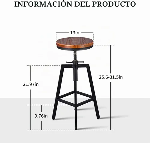 Vista 3 de Taburetes de bar industriales, silla de comedor de cocina, taburete de metal de madera, silla giratoria de altura ajustable, negro, juego de 2 Tapa
