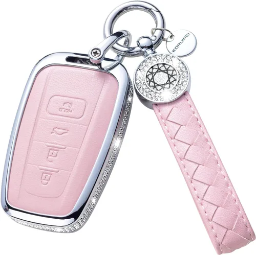 Vista 53 de Funda para llave inteligente con llavero, de piel auténtica color rosa, con cristales, carcasa protectora