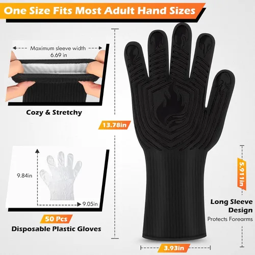 Vista 2 de Guantes BBQ, 1472 °F, resistentes al calor, guantes ignífugos, guantes de silicona antideslizantes lavables, guante de horno, guante de cocina