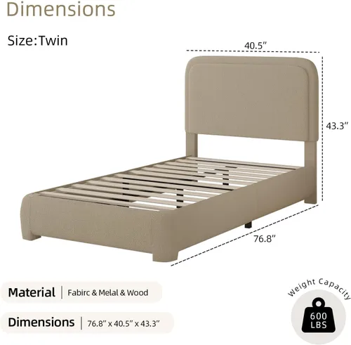 Vista 2 de BarnFurin Base de cama individual con cabecero, cama de plataforma tapizada Cloud Boucle, esquinas redondeadas suaves, no necesita somier, Beige