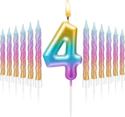 Vista 8 de Treela Vela de cumpleaños de 3 años para pastel con 12 piezas en espiral con números de arco iris, velas degradadas de tercer cumpleaños para niñas
