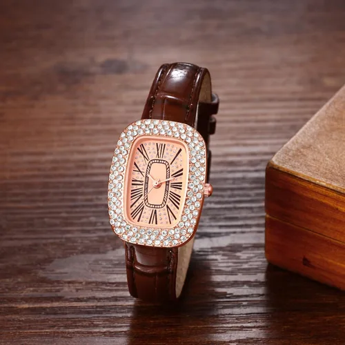 Vista 4 de Avaner Reloj rectangular para mujer, reloj analógico de cuarzo con diamantes de imitación, reloj cuadrado con correa de cuero, Marrón, Moderno