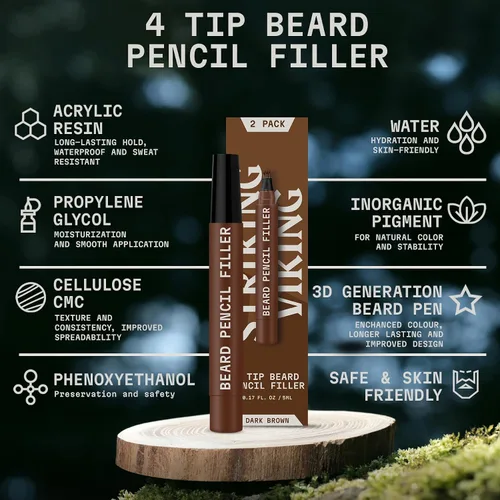 Vista 3 de Striking Viking Lápiz de barba – marrón oscuro, paquete de 2 – Tinte temporal para barba – Impermeable a prueba de sudor de larga duración