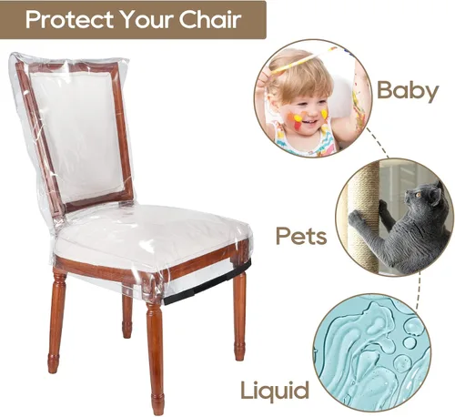 Vista 3 de Paquete de 4 fundas de plástico para sillas de comedor con respaldos, protector de asiento impermeable de PVC transparente para 21 x 19 pulgadas