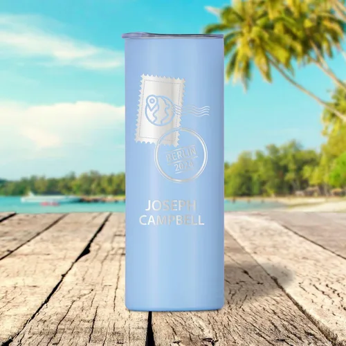 Vista 4 de Vaso personalizado para pasaporte de vacaciones con diseños grabados, vaso delgado de acero inoxidable de doble pared de 20 onzas con aislamiento al