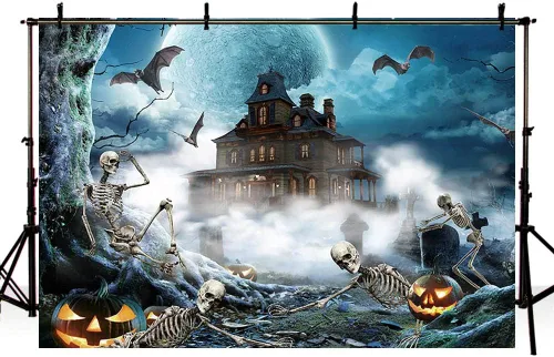 Vista 4 de SENDY Telón de fondo de Halloween de 7 x 5 pies, decoración de fiesta de Halloween azul, suministros para niños, cráneo, cementerio aterrador