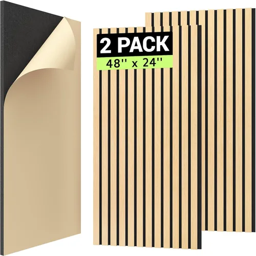 Vista 13 de TONOR 2 paneles de listones de madera, paneles acústicos adhesivos de 48 x 24 pulgadas para pared, paneles decorativos 3D estriados para absorción