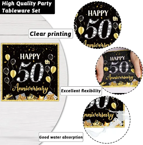 Vista 3 de 96 Piezas Platos de Papel Servilletas Tenedores para Fiesta de 50 Aniversario Empleado Carrera Boda 50 Aniversario Oro Negro Vajilla Desechable