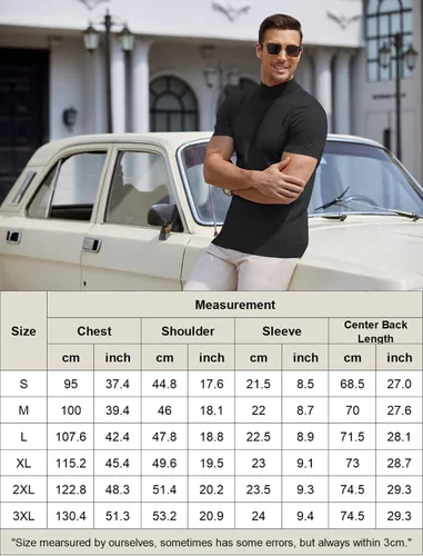 Vista 6 de COOFANDY Suéter de cuello alto falso para hombre, de manga corta, color sólido, básico, ajustado, de punto