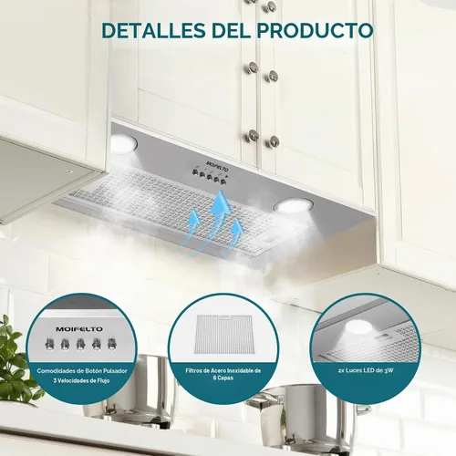 Vista 3 de Campana extractora integrada/insertada de 400 CFM de 24 pulgadas, ventilación de cocina convertible con conductos/sin conductos con luces LED de 3