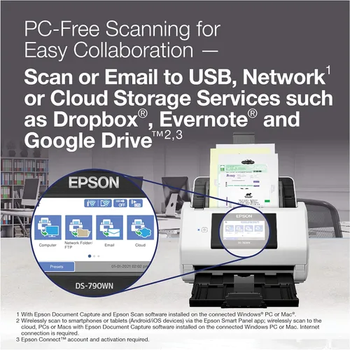Vista 5 de Epson DS-790WN Escáner de documentos a color de red inalámbrica para PC y Mac con escaneo dúplex, función sin computadora, alimentador automático