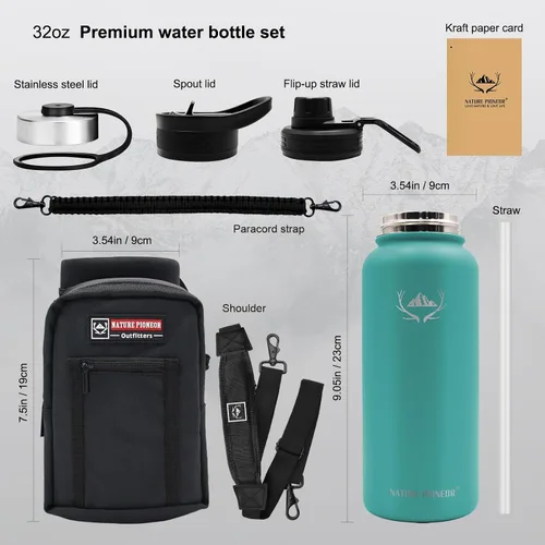 Vista 13 de NATURE PIONEOR Botella de agua aislada de 32 onzas con bolsa de transporte y 3 tapas Qine Verde