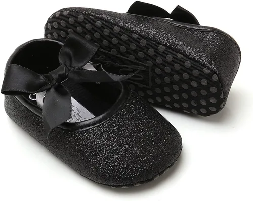 Vista 3 de myppgg Mary Jane - Zapatos planos brillantes con lazo y lazo de princesa, zapatos de cuna antideslizantes para niños pequeños que caminan