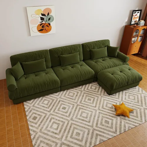Vista 65 de Sofá modular de gran tamaño de 94 pulgadas, sofás seccionales grandes de color beige y blanco para sala de estar, juego de sofá de terciopelo, sofás