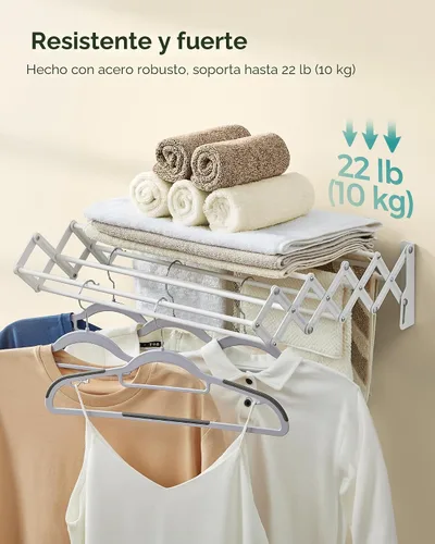 Vista 2 de SONGMICS Estante de secado de ropa, estante de secado de ropa montado en la pared, pequeño estante de lavandería acordeón, 9 varillas colgantes