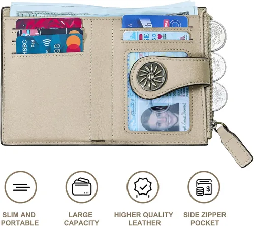 Vista 5 de Tipmile - Cartera pequeña para mujer, cartera de cuero con bloqueo RFID, plegable con bolsillo para monedas y con cremallera, Beige, Casual