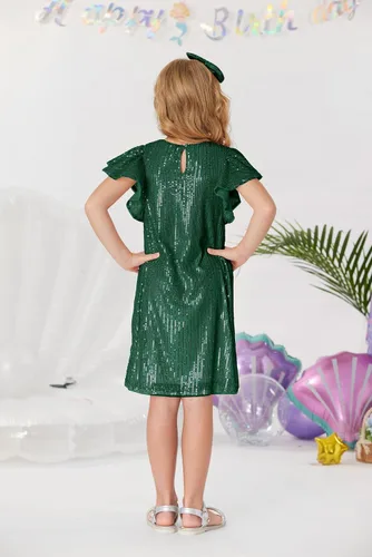 Vista 4 de GRACE KARIN Vestido de lentejuelas para niñas, manga corta, con vuelo, silueta acampanada, vestido midi con lazo para el pelo, 5-12 años