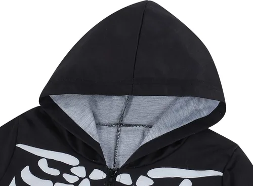 Vista 4 de Traje de calavera familiar de Halloween con capucha de una pieza de esqueleto de manga larga para Halloween