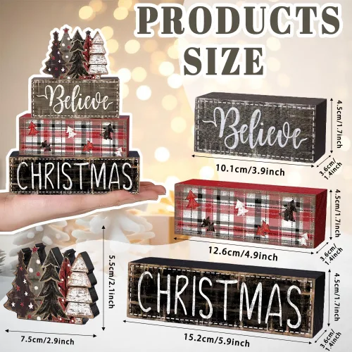 Vista 3 de DIYDEC 4 piezas de decoración de mesa de Navidad, árbol de Navidad, letrero de bloque de madera, decoración de bandeja escalonada de Navidad, pieza