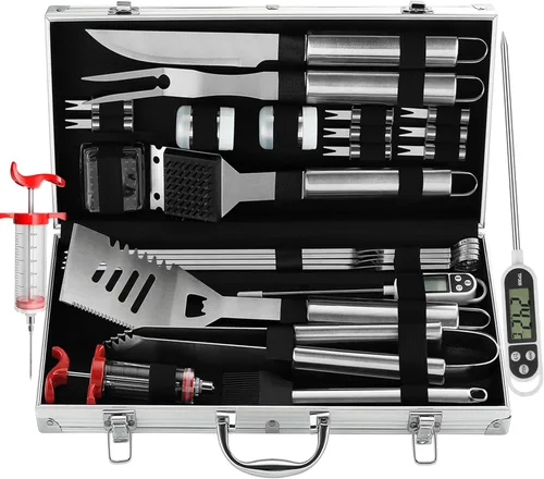 Vista 11 de Grilljoy Juego de 24 herramientas para parrilla de barbacoa con termómetro de carne e inyector, tenedor de acero inoxidable extragrueso, espátula