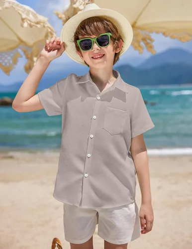 Vista 4 de COOFANDY Men Boys Linen Shirts Short Sleeve Button Down Shirts Hawaiian Tropical Shirts