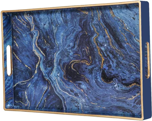 Vista 15 de Bandeja decorativa, bandeja de plástico de mármol con asas, bandeja rectangular de tocador y bandeja para servir para baño, cocina, otomana y mesa