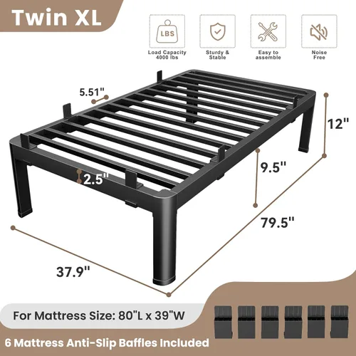 Vista 55 de MAF - Base de cama de plataforma de 14 pulgadas para cama individual con listones de madera, base de cama de metal resistente de 3500 libras