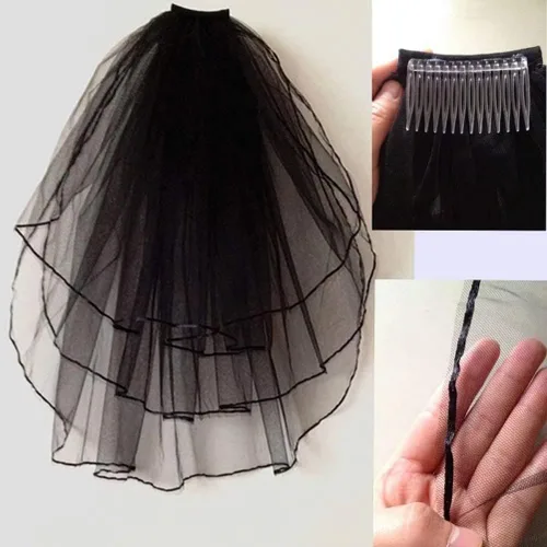 Vista 3 de CENAST Velos cortos de boda para mujer con peine de 3 niveles para Halloween, tul velo de novia