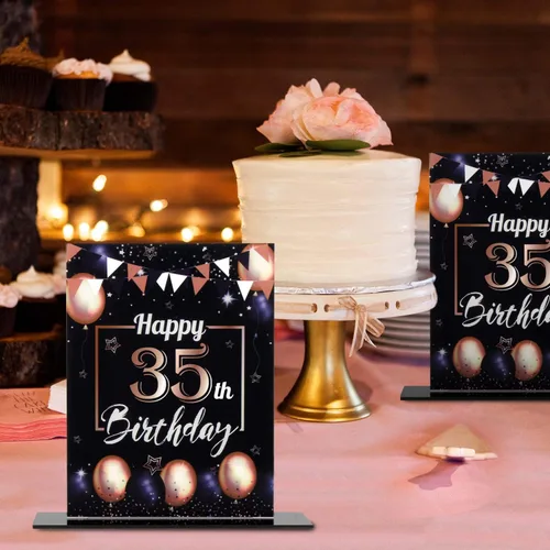Vista 84 de LINGTEER Decoraciones de feliz cumpleaños número 11, 2 piezas de soporte de acrílico con impresión de pie rosa y azul, tablero de telón de fondo