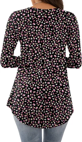 Vista 3 de BISHUIGE Blusa de manga corta para mujer, estilo casual, holgada, con panel de encaje, plisada