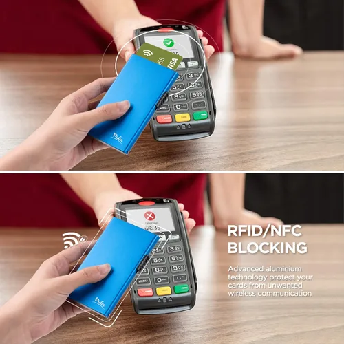 Vista 5 de Cartera desplegable, delgada y minimalista para tarjetas de crédito para hombres y mujeres, tarjetero para 7 tarjetas, protección RFID, cartera